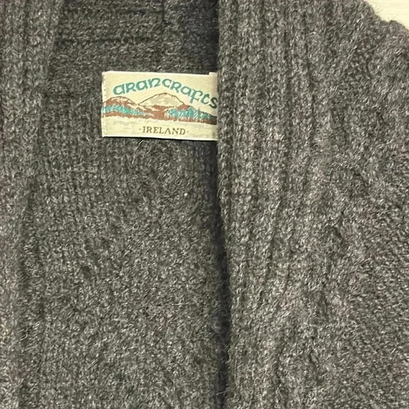 aran crafts gray sweater 100% merino wool made in ireland long sleeve w/pockets - Picture 3 of 10